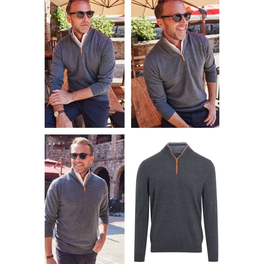 Collars & Co Mens Merino Wool Quarter Zip Sweater Grey Sz S